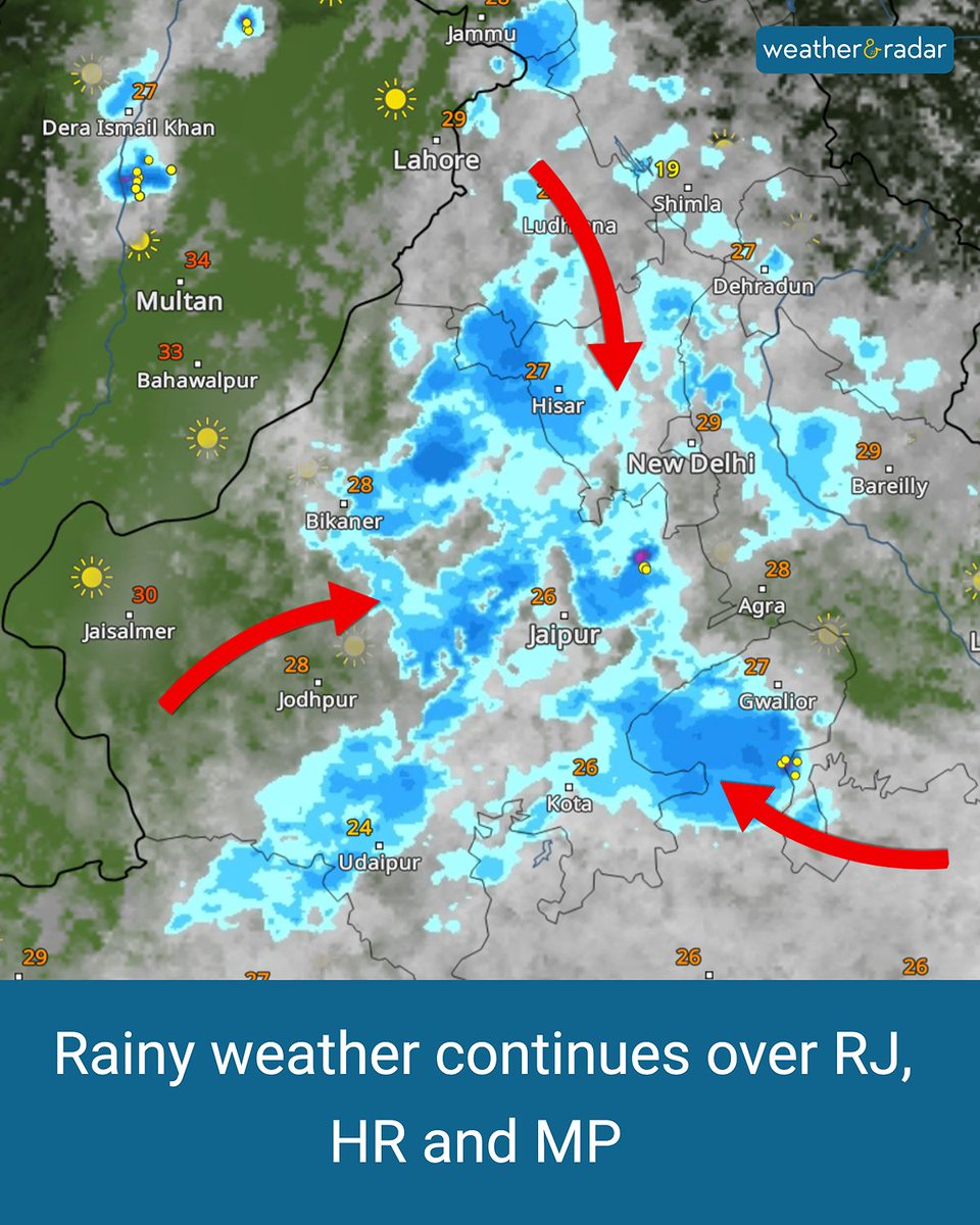 🌧️ Rainy weather continues! ☁️
Parts of #Rajasthan, #Haryana, and #MadhyaPradesh are still under a rainy spell today. 🌦️