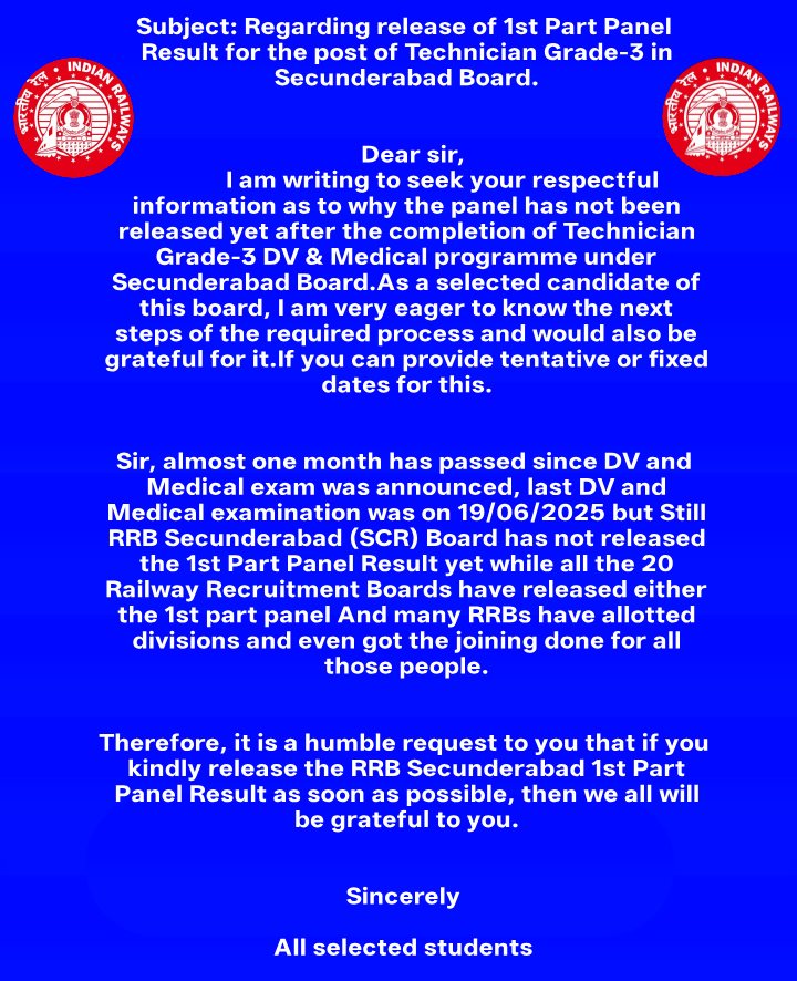 MajorMishra00's tweet photo. #RrbSecundrabadTechnicianGrade3ReleasePanel 
@AshwiniVaishnaw 
@RailMinIndia 
@RailwaySeva 
@SCRailwayIndia 
@AmitShah 
@DrSJaishankar 
@myogiadityanath 
@narendramodi 
@nitin_gadkari 
@PMOIndia 
@RahulGandhi 
@SachinPilot 
@aajtak 
@news24tvchannel 
@TheLallantop https://t.co/CCyCrJfuK4