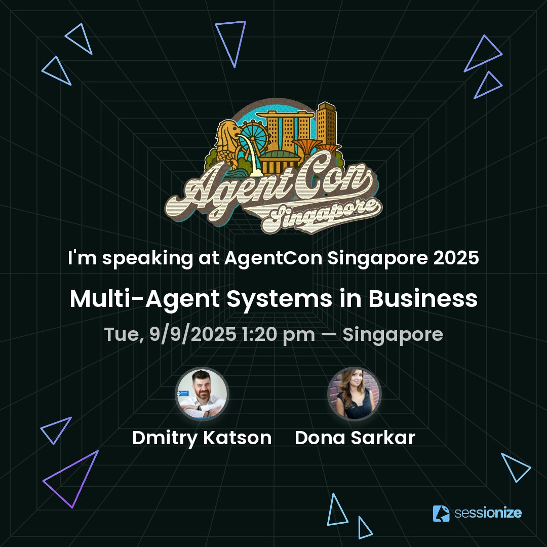 Thrilled to team up with <a href="/donasarkar/">Dona Sarkar</a>  at AgentCon Singapore on 9 Sep! 
We’re bringing “agents vs humans” AI battles to the main stage—plus real hacks for making multi-agent systems work in your business. Should be fun 🤩

#AgentConSG #AI #BusinessCentral <a href="/GlobAICommunity/">Global AI Community</a>