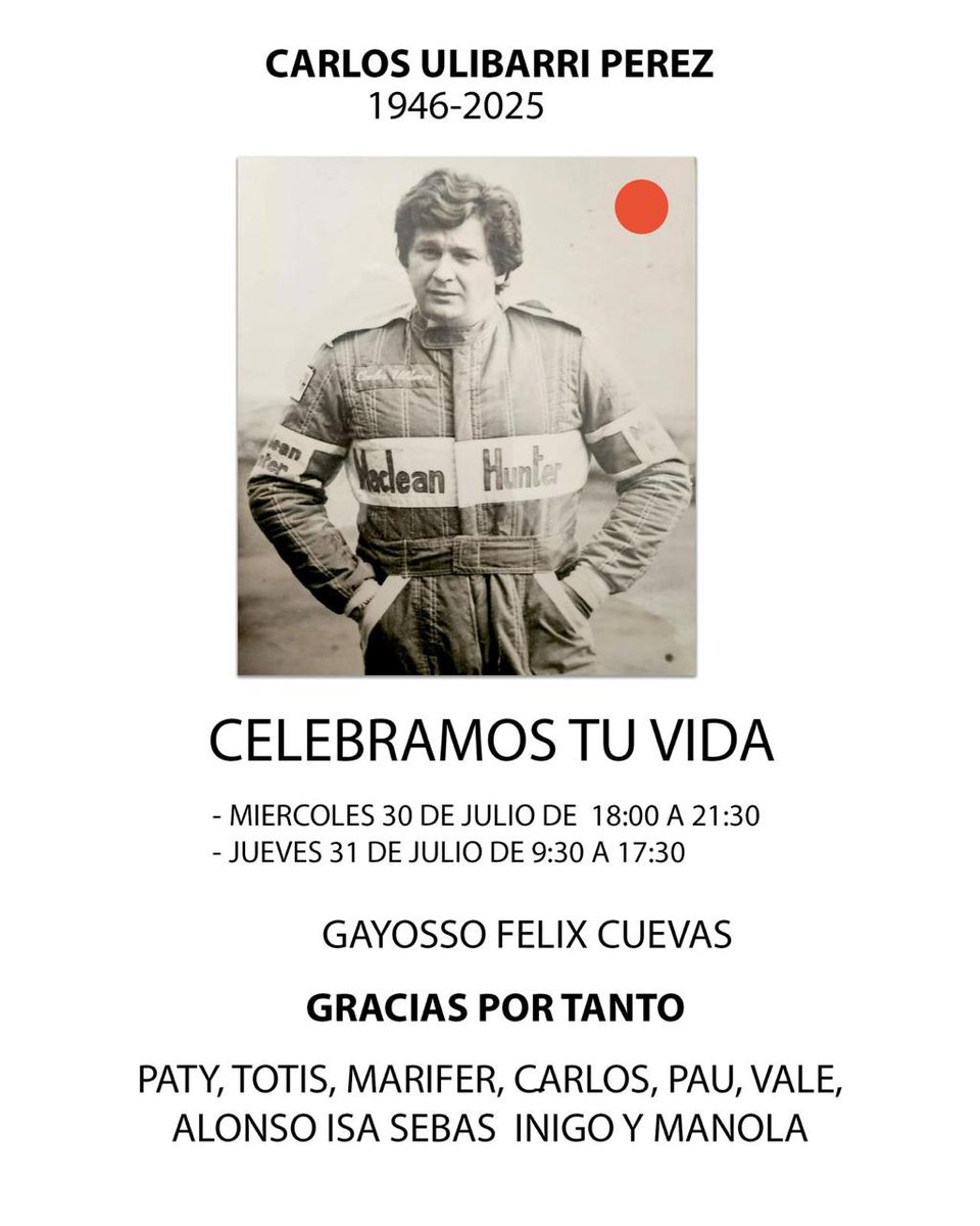 Antes de cerrar el día me uno a la celebración por la vida de Carlos Ulibarri, pero me entristece su partida.
Carlos fue un buen amigo y quien como promotor de viajes me dio la oportunidad de acceder a la Jim Russell Racing School.
Para Paty y su familia, un fuerte abrazo...
QEPD