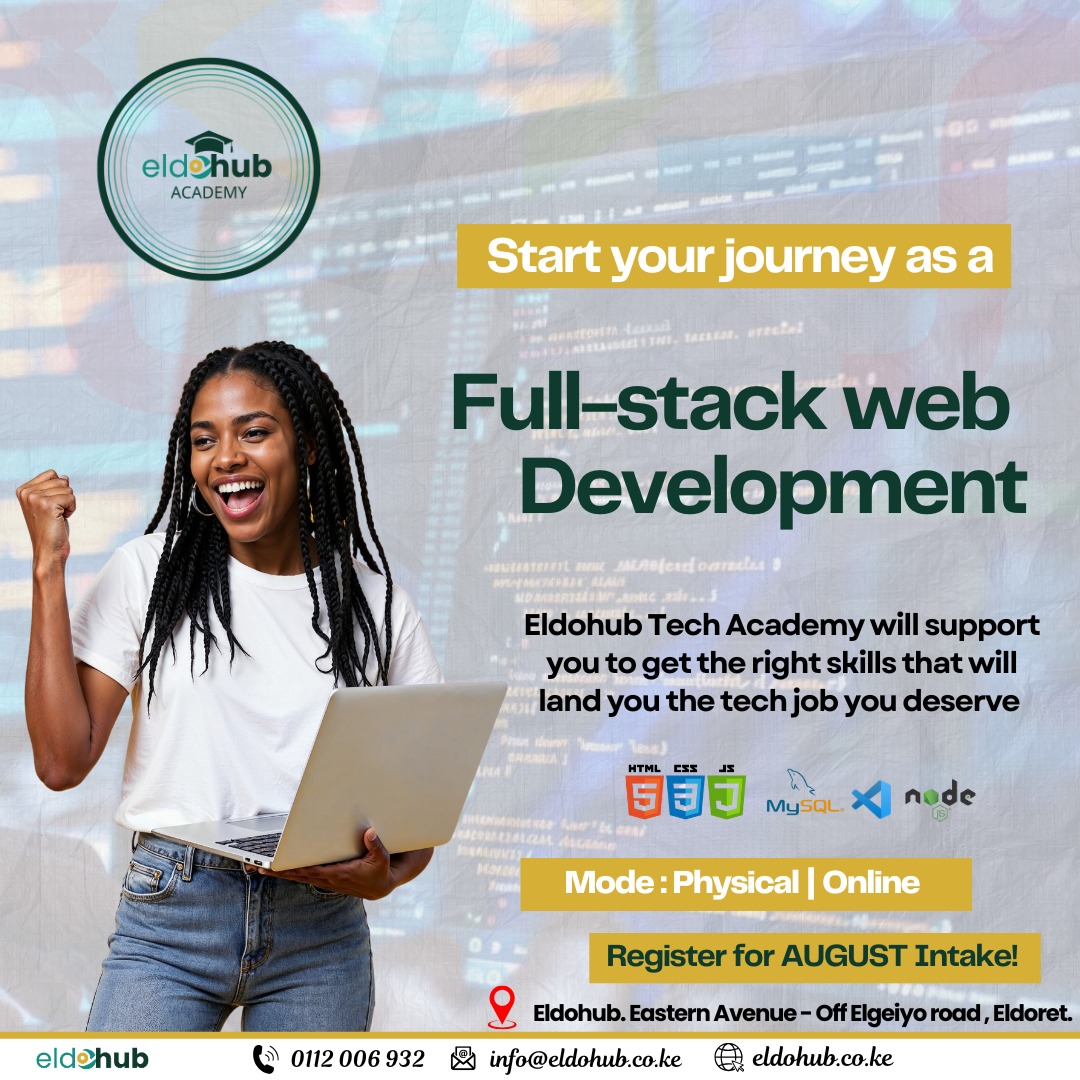 Eldohub Academy (@eldohubacademy) on Twitter photo Dreaming of a career in tech?
At <a href="/eldohubacademy/">Eldohub Academy</a> , our Full-Stack Web Development program blends hands-on projects, industry mentors, and a community that’s got your back.
August intake is open are you in?
academy.eldohub.co.ke Dreaming of a career in tech?
At <a href="/eldohubacademy/">Eldohub Academy</a> , our Full-Stack Web Development program blends hands-on projects, industry mentors, and a community that’s got your back.
August intake is open are you in?
academy.eldohub.co.ke