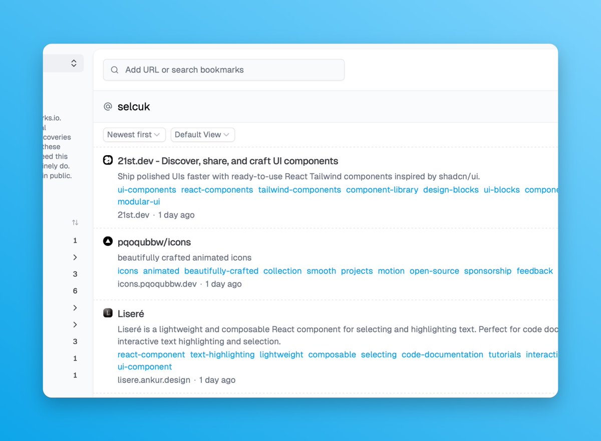 selcuk (@selcukfsevinc) on Twitter photo You’ll notice a new header design on <a href="/bookmrksio/">bookmrks_io</a>, now more bar-like.
A small visual change, but it’s setting the stage for what’s next. Stay tuned.
#buildinpublic #indiehackers You’ll notice a new header design on <a href="/bookmrksio/">bookmrks_io</a>, now more bar-like.
A small visual change, but it’s setting the stage for what’s next. Stay tuned.
#buildinpublic #indiehackers