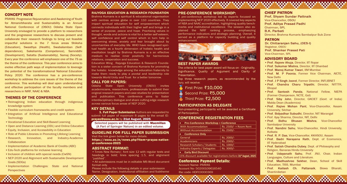 OsouOdisha's tweet image. PRAYAS: Progressive Rejuvenation and Awakening of Youth for Atmanirbharata and Sustainability. National Conference by OSOU in collaboration with SPL &amp;amp; RERF. Dt: 8th &amp;amp; 9th November, 2025. #PRAYAS #NationalConference #OSOU #SPL #RERF