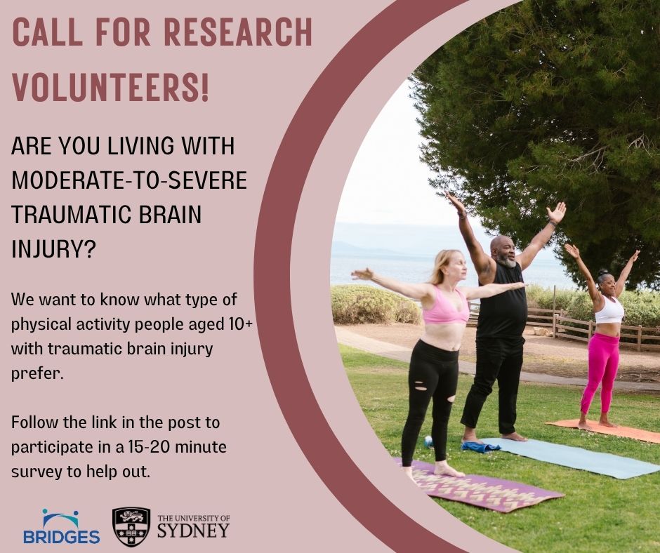 Have a moderate-to-severe traumatic brain injury?

We're looking for people aged 10+ to take a short survey (15-20 mins) on what physical activity you enjoy - sports, walking, classes, etc.

Your input helps us advocate for better community options 🙌

sydney.au1.qualtrics.com/jfe/form/SV_b1…