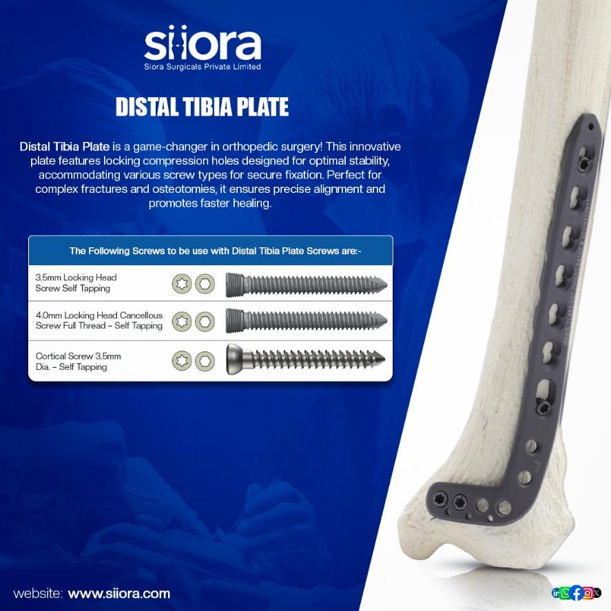 siorasurgicals's tweet image. Distal tibia plates are specifically designed for the surgical fixation of fractures and osteotomies in the shin bone, especially near the ankle joint.
siiora.com/product/variol…
#DistalTibiaPlate #TibiaFractureFixation
#OrthopedicImplants #TitaniumImplants
#SioraSurgicals