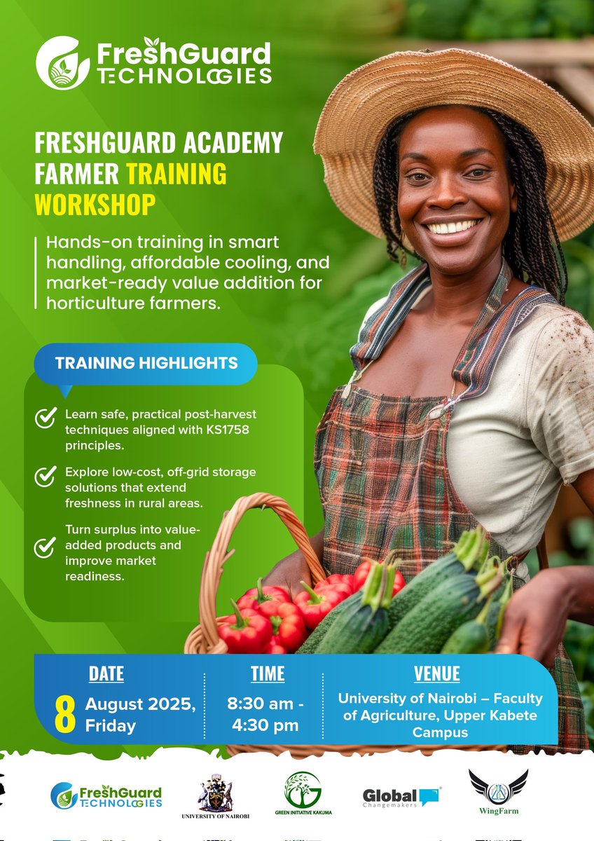 📅 August 8th, we join the #FreshGuard_Academy Farmer Workshop at UoN, Upper Kabete!
We are proud to co-create solutions for post-harvest loss with smallholder farmers.
✅ Smart handling
✅ Off-grid cooling
✅ Circular economy for market access
#KilimoNiMboka #YouthInAg #WingFarm