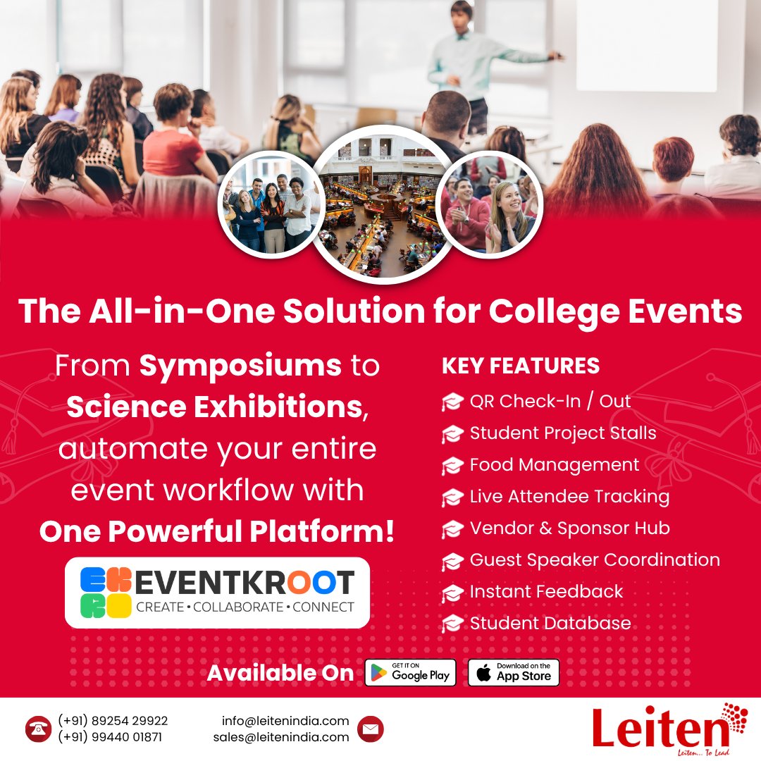LeitenTech's tweet image. 🎓 Running a college event?
From #Symposium to #ScienceExpo – automate it all with #EventKroot!
✅ QR Check-In
✅ Food &amp;amp; Stall Mgmt
✅ Sponsor Hub
✅ Live Tracking
✅ Feedback &amp;amp; DB

📲 App on Play Store + iOS
📧 info@leitenindia.com