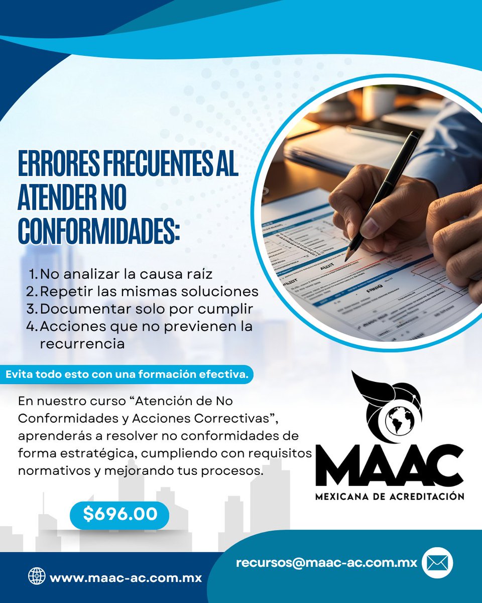 ⚠️ Errores frecuentes al atender no conformidades:

No analizar la causa raíz
Repetir las mismas soluciones
Documentar solo por cumplir
Acciones que no previenen la recurrencia
Evita todo esto con una formación efectiva.
#NormasISO #CapacitaciónISO #MAAC #errores #ErroresComunes