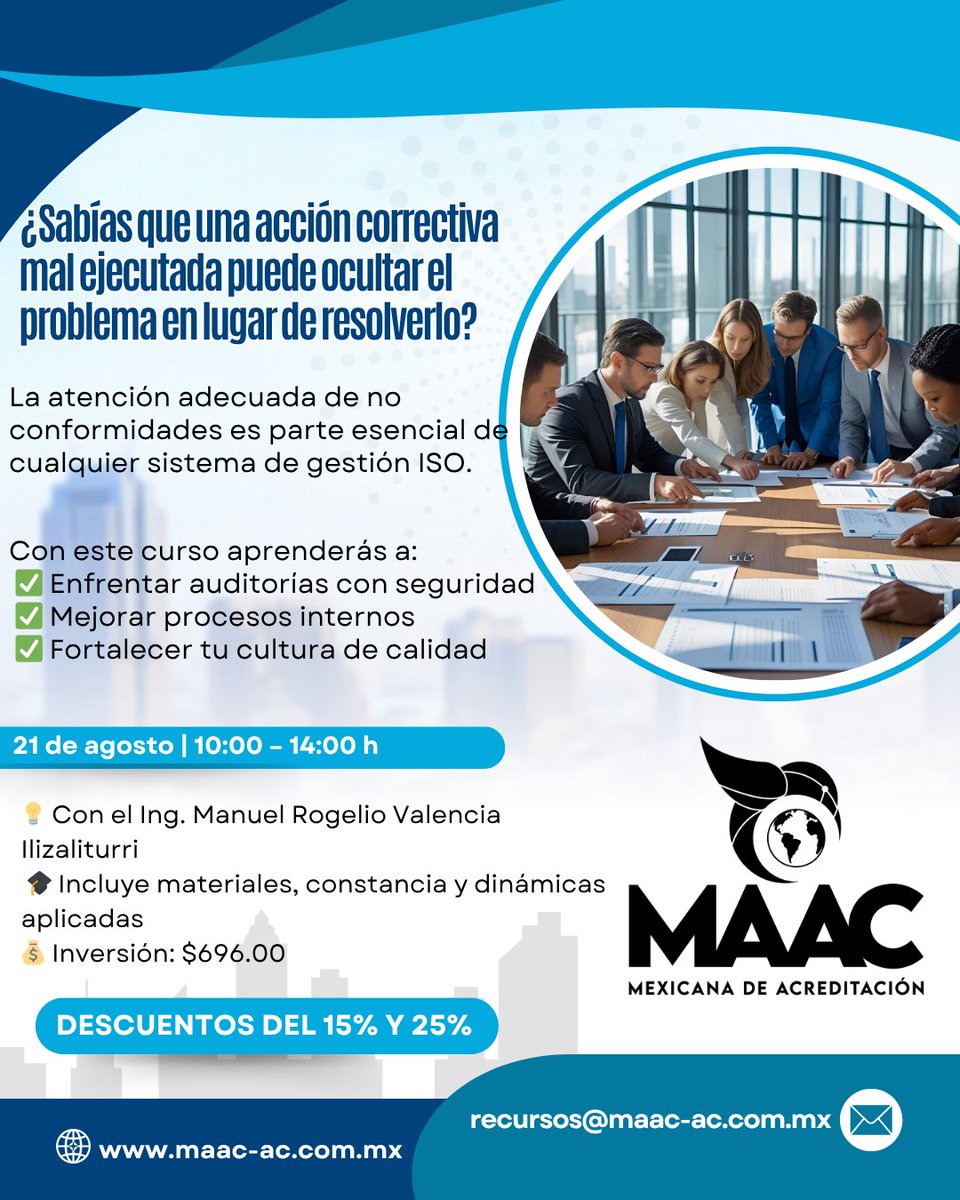 La atención adecuada de no conformidades es parte esencial de cualquier sistema de gestión ISO.

📉 Descuentos del 15% y 25%
📩 Solicita tu lugar: recursos@maac-ac.com.mx

#CapacitaciónISO #MAAC #CapacitaciónProfesional #NormasISO #ErroresComunes