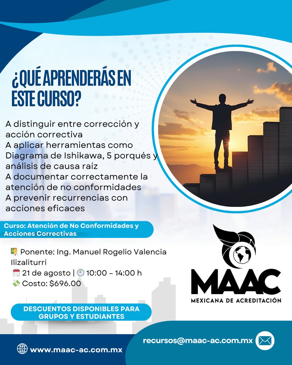 Curso: Atención de No Conformidades y Acciones Correctivas
Descuentos disponibles para grupos y estudiantes
Informes e inscripciones: recursos@maac-ac.com.mx

#CapacitaciónISO #MAAC #NormasISO #CapacitaciónProfesional
