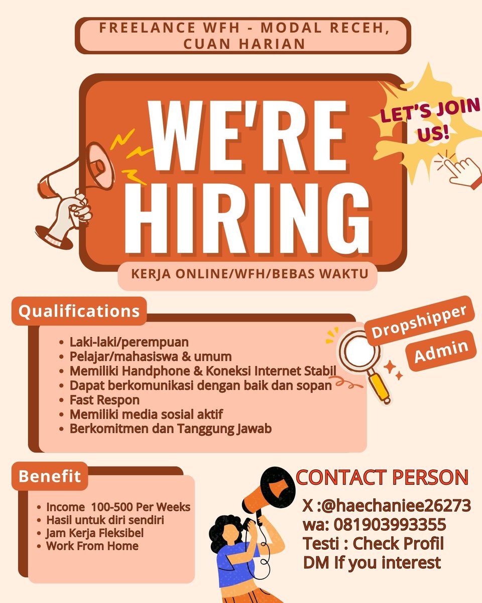haechaniee26271's tweet photo. @worksfess sini sini langsung aja join😆

KERJA DARI HP 💸 MODAL RECEH, CUAN HARIAN
Bisa dapet 100–300K/hari cuma dari nyebar info.
Gak ribet, diajarin dari awal.
Udah banyak yang mulai duluan, kamu kapan? 😭
DM/WA aku kalau mau ikutan. https://t.co/DHf37t1c2e