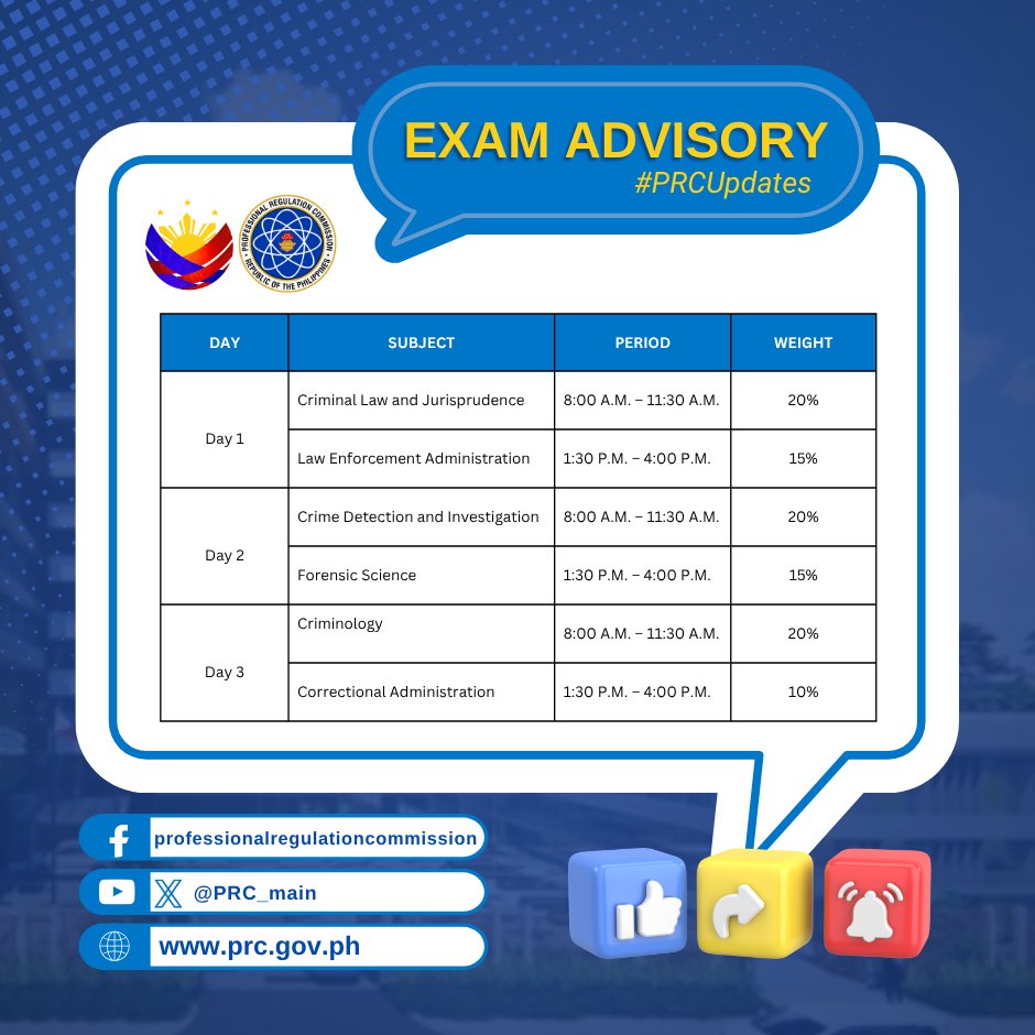 Adjustments in the Schedule of the Criminology and Correctional Administration Subjects in the August 2025 LEC

For full advisory, please click this link: prc.gov.ph/article/adjust…