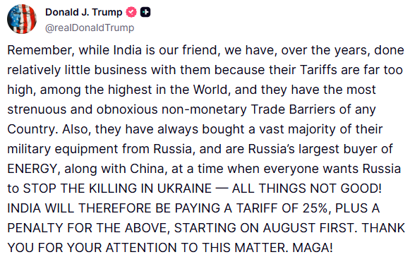 AbhijitChavda's tweet photo. The 25% tariff announcement is intended as leverage rather than a final position.

The rants indicate frustration about the lack of success in vassalizing India.

The correct response is to:

1. Stay calm.
2. Let our actions speak, rather than our words.

More to come. https://t.co/mxLSNg99kA