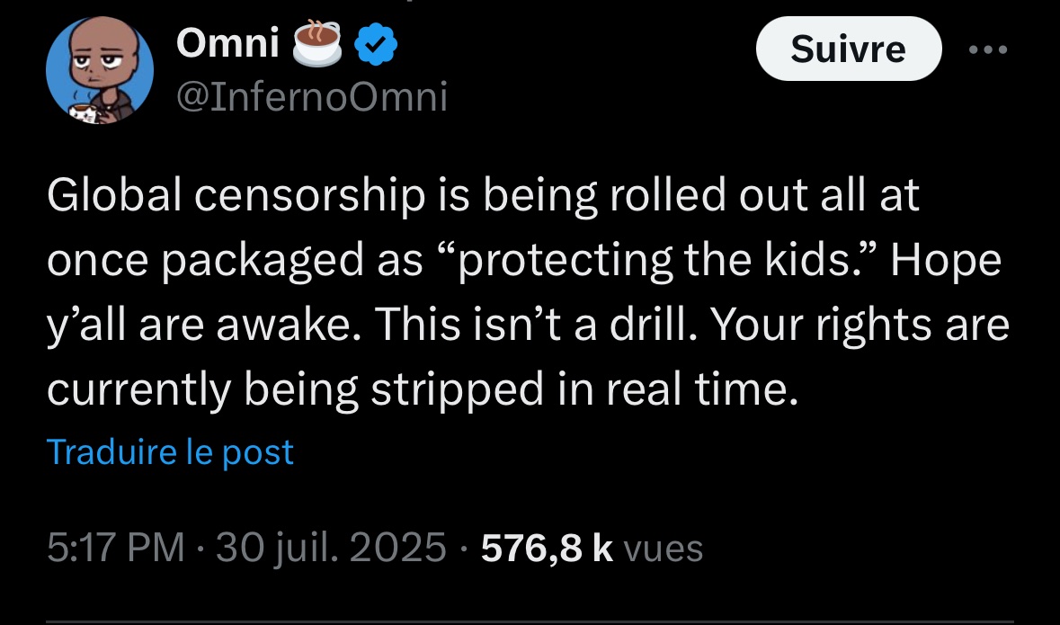 Ils sont en train de vérifier l’âge avec carte d’identité sur Spotify aux UK et sur Youtube aux US. C’est la suite logique. D’abord le porno, car c’est facile à défendre, ce n’est qu’un leurre pour l’établir partout, et on vous le dit depuis des années.