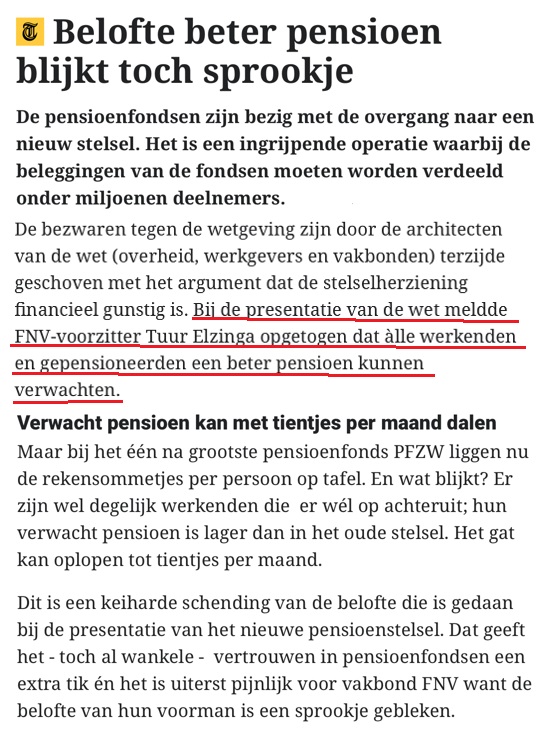 De pensioenen van het zorgpersoneel bij pensioenfonds Zorg &amp; Welzijn (PFZW) kunnen door het invaren in het nieuwe pensioenstelsel direct ‘enkele tientjes per maand’ lager worden. Met dank aan vakbond FNV en het kiezersverraad van NSC-leider <a href="/vanHijum/">Eddy van Hijum</a>