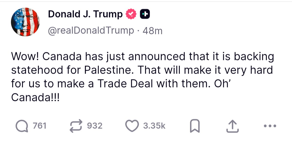 #AHORA 🇺🇸 TRUMP VS CANADA 🇨🇦
El presidente #Trump anuncia que el apoyo de #Canada al reconocimiento de #Palestina pondrá en riesgo el firmar un acuerdo comercial 
#TrumpTariff  #TrumpTradeWar 🇨🇦 🇺🇸