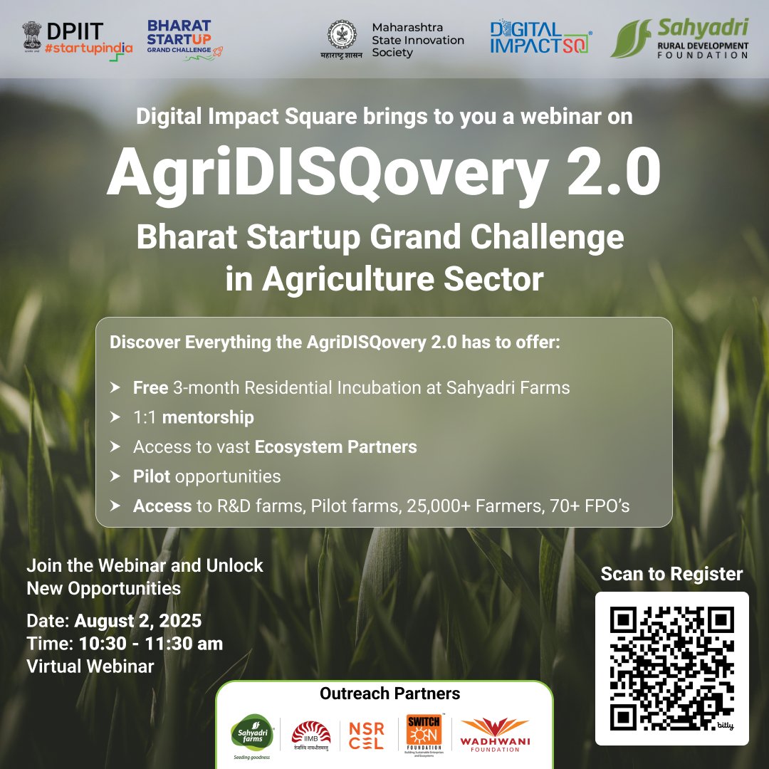 #WebinarAlert: AgriDISQovery 2.0 is your gateway to pilot your #AgriTech solution with #farming Community!

Farm Mechanisation | AI in Agri | Biofuels

Aug 2, 2025 | 10:30 AM
Register now: bit.ly/disqwebinar

#AgriTech #StartupIndia #Bharat #FPO #socent #agriculture #farmers