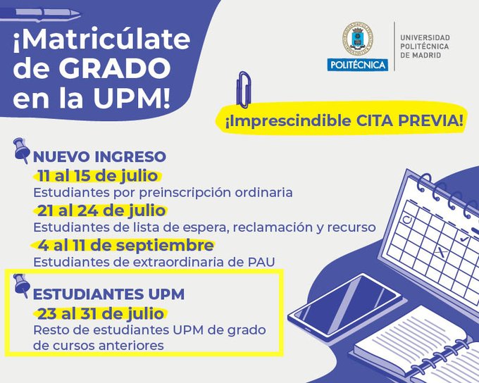 🚨¡¡QUE NO SE TE PASE!! Hoy acaba el plazo para matricularte en la UPM
🔘Estudiantes de grado ya matriculados en cursos anteriores
🔘Estudiantes de máster 
🔗Toda la info aquí short.upm.es/0sdrm
#somosupm #matriculaUPM #estudiantesUPM
