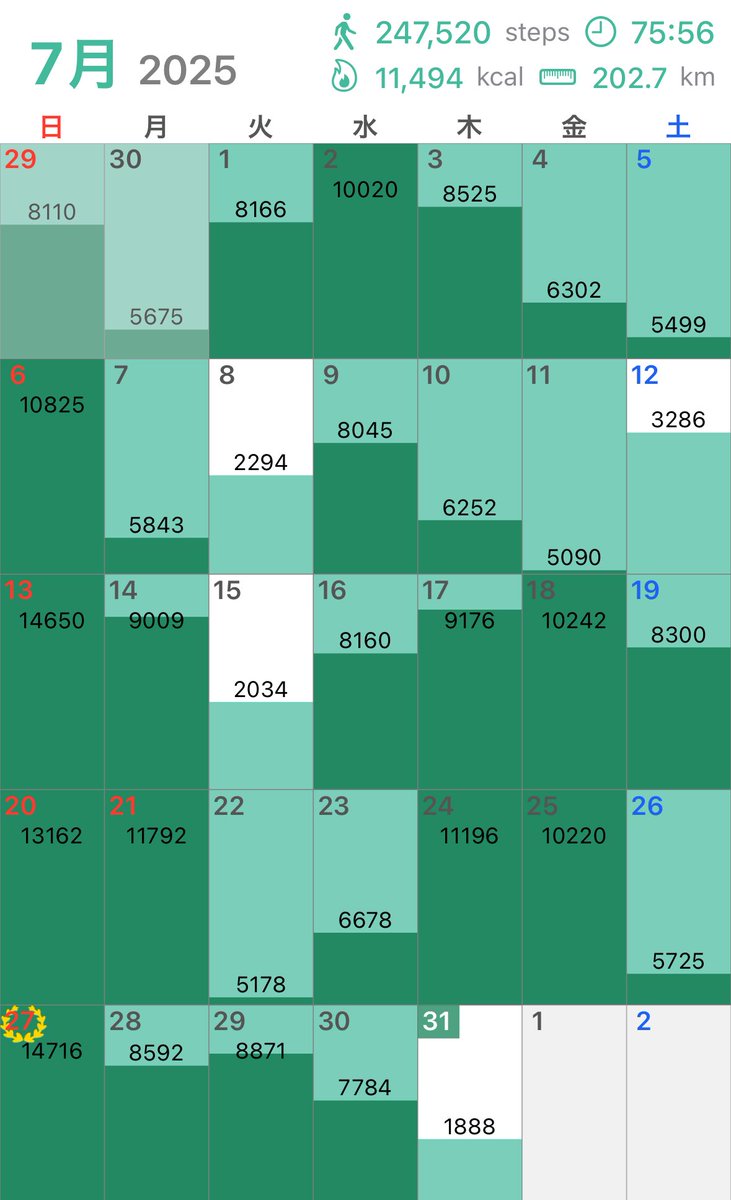 7月の歩数報告。
過去最高達成！
やほい！
