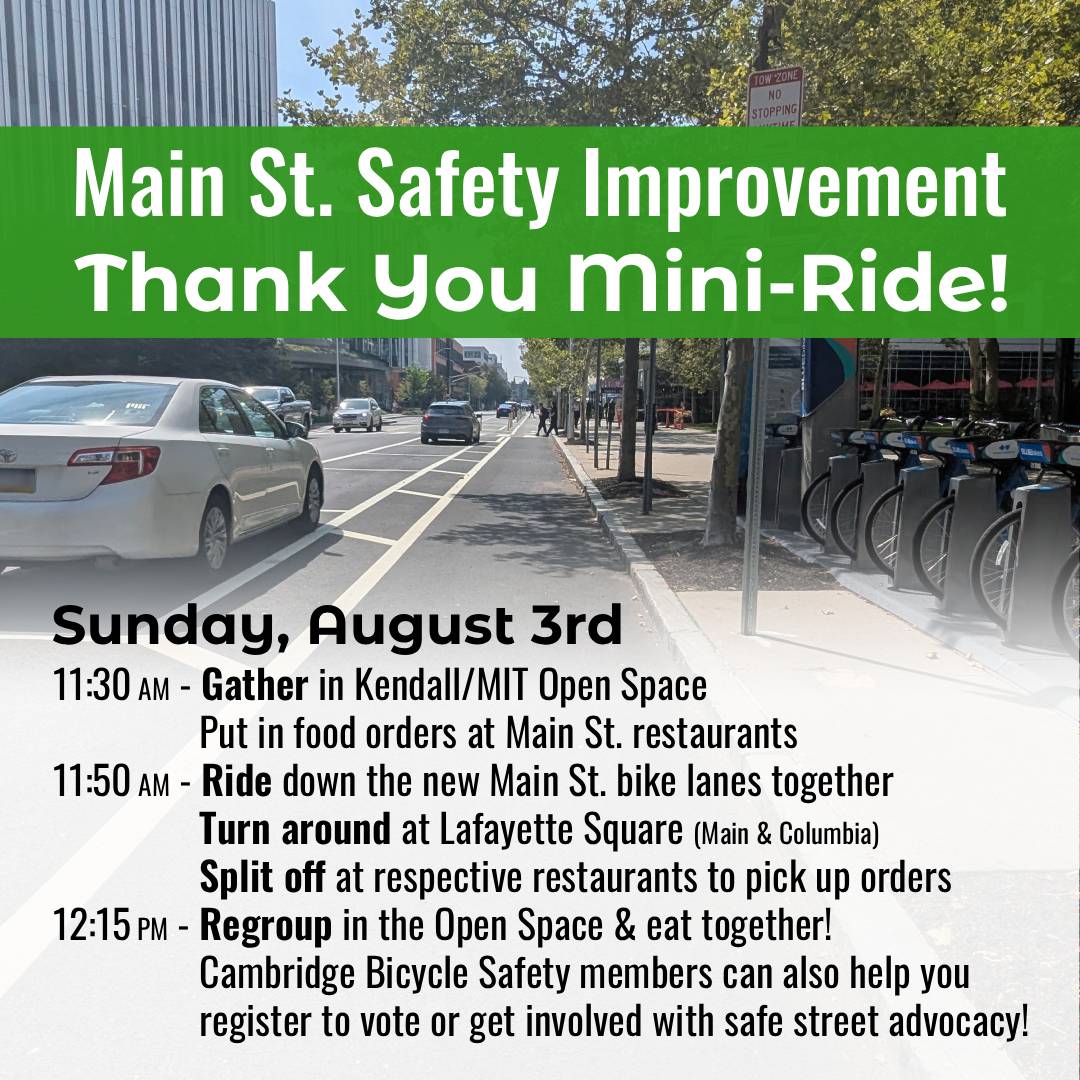 Excited to have safer rides and shorter pedestrian crossings on Main St. <a href="/CambMA/">City of Cambridge</a>!  To celebrate, join @CambBikeSafety for a mini group ride &amp; lunch together this Sunday, August 3rd, meeting at 11:30 in the Kendall/MIT Open Space (just south of the T entrance)!