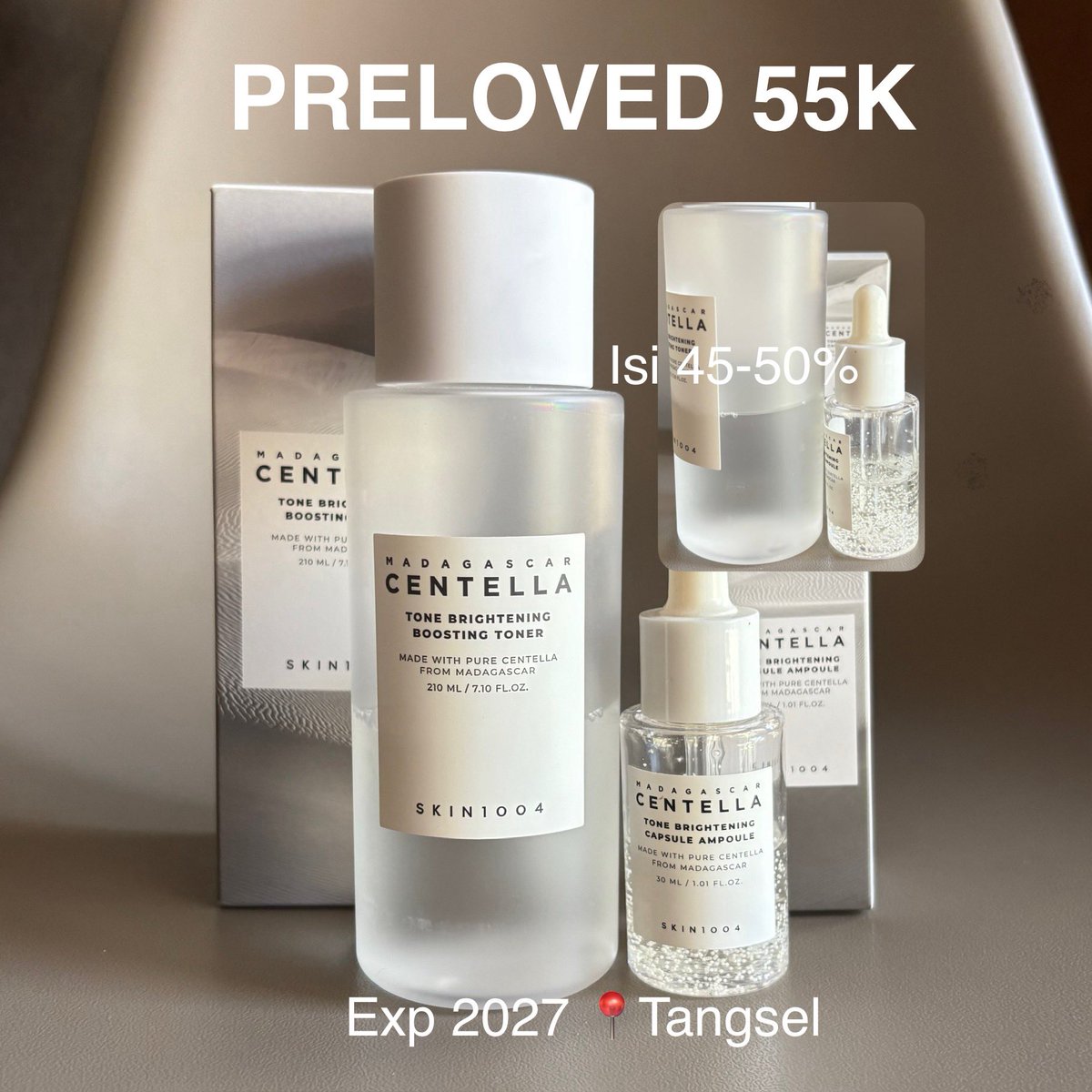 jual wts bundle SKIN1004 Brightening Toner &amp; Ampoule 55K

✅ preloved, isi 45-50% bisa diliat di foto, pemakaian bersih (pipet ampoule gapernah kontak langsung sama kulit)
✅ 100% ori ya, nego chat oren aja
✅ Exp 2027
📍Tangerang Selatan

Link co: id.shp.ee/FRiD5oK