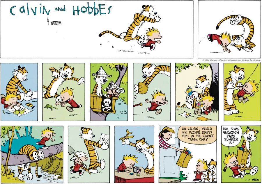 Calvin and Hobbes invented the original summer bucket list—tree forts, art, creek dives, and… trash duty.
#CalvinandHobbes #SummerAdventures