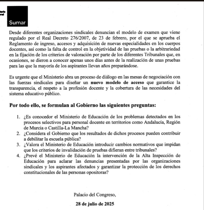 Óscar Urralburu Arza (@oscarburu) on Twitter photo Ante el reciente desastre de las oposiciones docentes en muchas CCAA, <a href="/sumar/">Sumar</a> ha formulado en el <a href="/Congreso_Es/">Congreso</a> preguntas escritas a la Ministra <a href="/Pilar_Alegria/">Pilar Alegría</a>. <a href="/educaciongob/">Ministerio de Educación, FP y Deportes</a> tiene que hacer algo ya. <a href="/STERM_La_Inters/">STERM Intersindical</a> <a href="/feccoormurcia/">CCOO Enseñanza Región de Murcia</a> <a href="/UGTEnsenanza_RM/">UGT Enseñanza Murcia</a> Ante el reciente desastre de las oposiciones docentes en muchas CCAA, <a href="/sumar/">Sumar</a> ha formulado en el <a href="/Congreso_Es/">Congreso</a> preguntas escritas a la Ministra <a href="/Pilar_Alegria/">Pilar Alegría</a>. <a href="/educaciongob/">Ministerio de Educación, FP y Deportes</a> tiene que hacer algo ya. <a href="/STERM_La_Inters/">STERM Intersindical</a> <a href="/feccoormurcia/">CCOO Enseñanza Región de Murcia</a> <a href="/UGTEnsenanza_RM/">UGT Enseñanza Murcia</a>