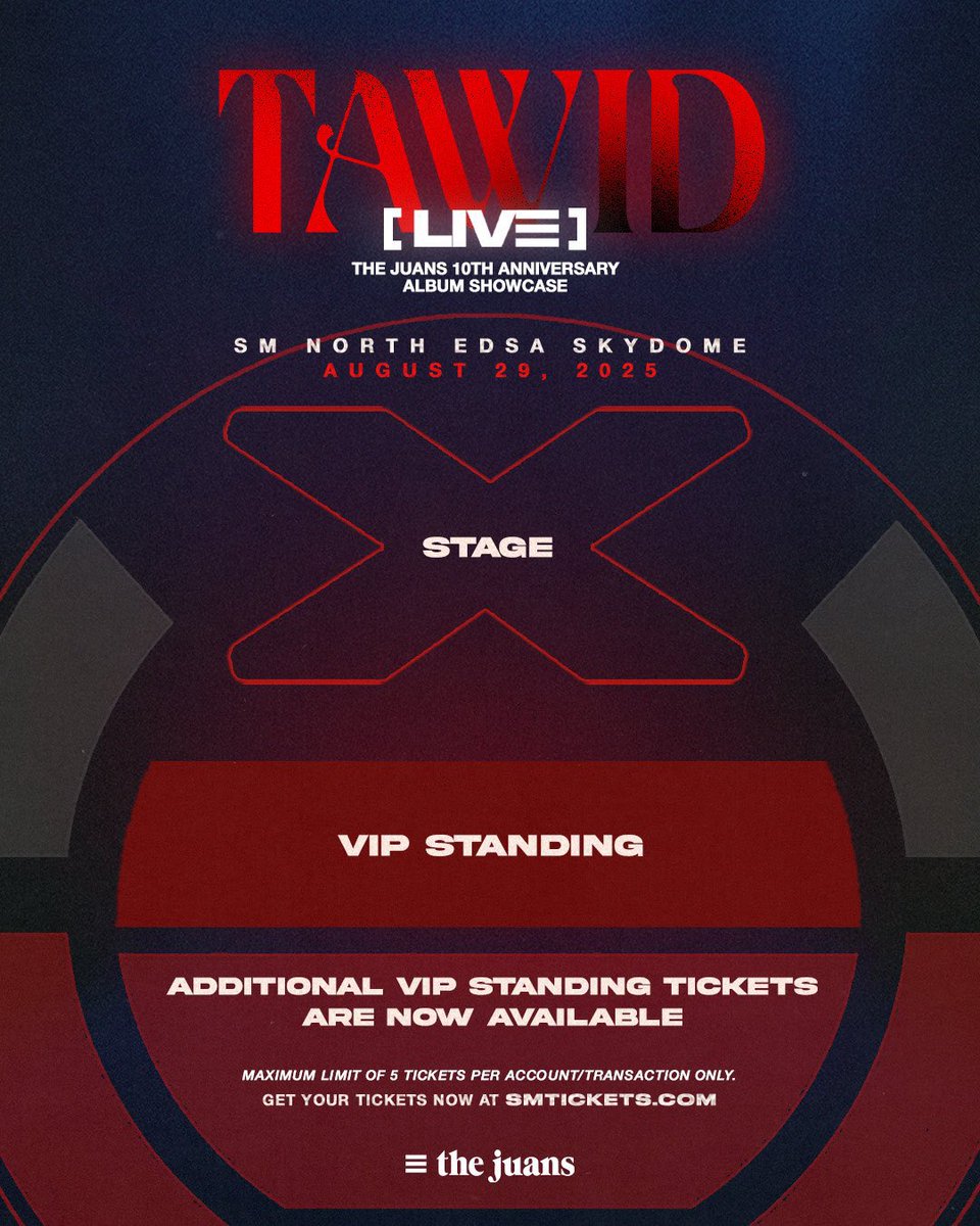 philconcerts's tweet photo. Additional VIP STANDING TICKETS have been opened for TAWID LIVE: The Juans 10th Anniversary Album Showcase!

Limited Regular Standing Tickets are still up for grabs! Head over here: https://t.co/wKVpBcy8YF

#TheJuansTawidLive on August 29, 2025, 7PM, at the SM North EDSA Skydome!

#TheJuansX @TheJuans_BAND