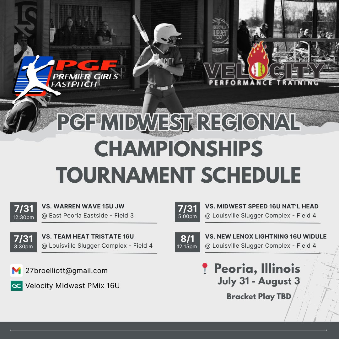 My team will be at the PGF Midwest Regional Championships this weekend in Peoria. Come out and see us this weekend. Attached is our schedule.
<a href="/Velo_Softball/">Velocity Softball</a> <a href="/Velocity_GB/">Velocity Performance Training</a> <a href="/Velo16uMidwest/">Velocity 16u Midwest</a>