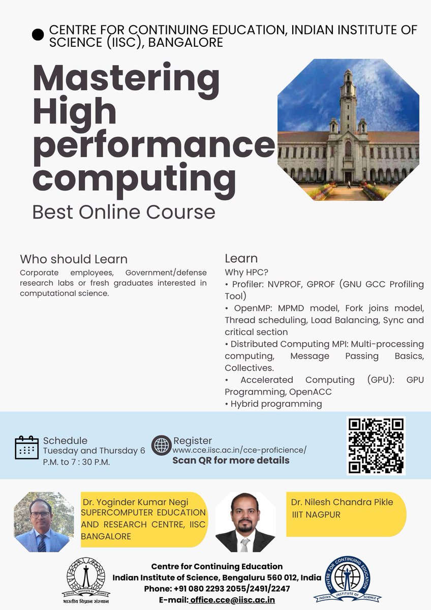 cce_iisc's tweet image. CCE, IISc invites you to register for its Online Certificate Course on Introduction to High-Performance Computing (HPC) and Parallel Programming.
Know more: cce.iisc.ac.in/cce-proficienc…
#IISc #HighPerformanceComputing #HPC #ParallelProgramming #SkillUp #TechEducation #TechTraining
