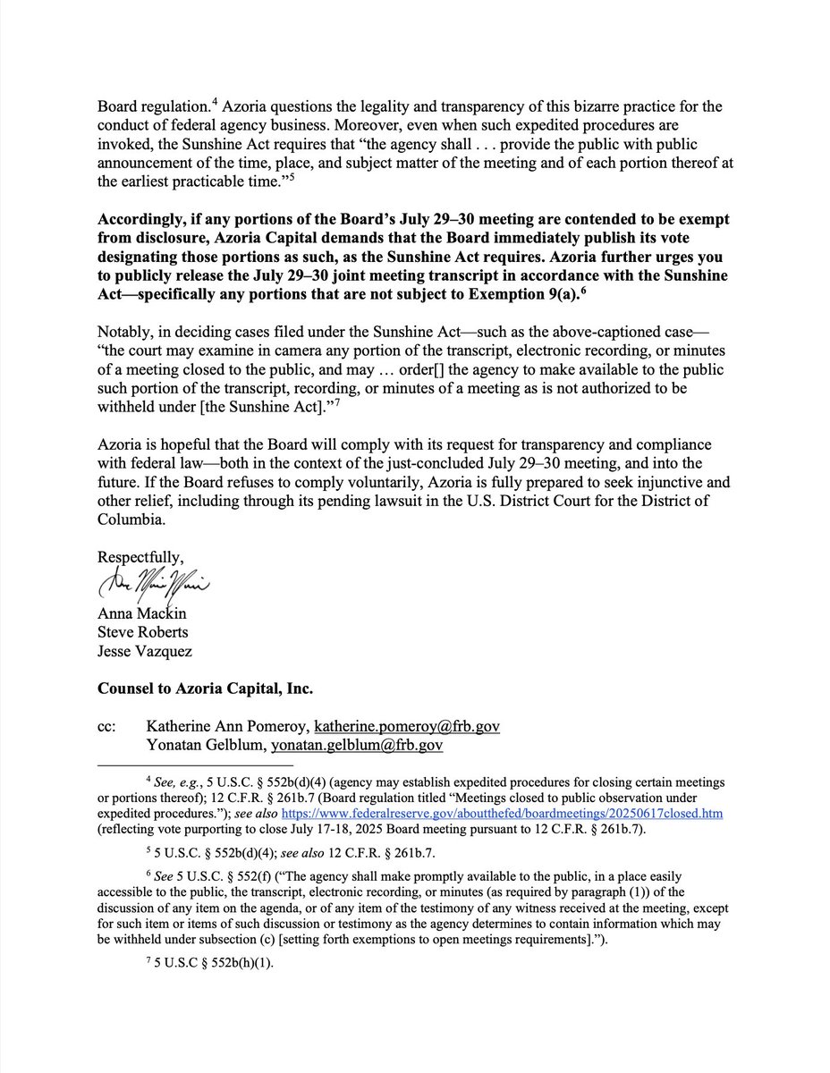 Last night, I directed @InvestAzoria's legal team to formally serve Jerome Powell with a demand letter that he immediately release the transcript of yesterday's closed-door Fed meeting after he refused to lower interest rates at the fifth consecutive meeting since President Trump