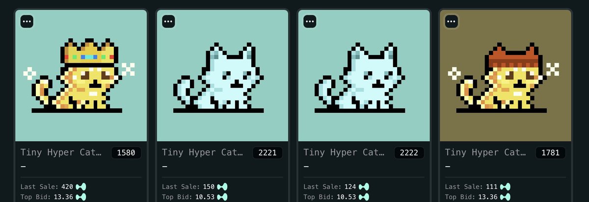 huk (@lowbuzzid) on Twitter photo Top sale <a href="/tinyhypercats/">tinyhypercats</a> on <a href="/drip__trade/">Drip.Trade</a>
1. Tiny hyper cat 1580
last sale : 420 hype
2. Tiny hyper cat 2.221
last sale : 150 hype
3. Tiny hyper cat 2.222
last sale : 124 hype
4. Tiny hyper cat 1781
last sale : 111 hype
interesting about Hyperliquid NFTs ? lets explore on Top sale <a href="/tinyhypercats/">tinyhypercats</a> on <a href="/drip__trade/">Drip.Trade</a>
1. Tiny hyper cat 1580
last sale : 420 hype
2. Tiny hyper cat 2.221
last sale : 150 hype
3. Tiny hyper cat 2.222
last sale : 124 hype
4. Tiny hyper cat 1781
last sale : 111 hype
interesting about Hyperliquid NFTs ? lets explore on