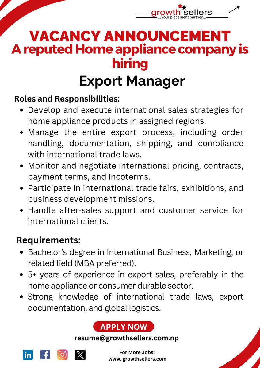 SellersGrowth's tweet image. A reputed home appliance company is seeking a skilled Export Manager.
📷Apply Now
📷 https: growthsellers.com/job-detail/exp…
📷 resume@growthsellers.com.np
📷 For more jobs: growthsellers.com
📷 Check Out Our YouTube Channel : youtube.com/@Growthseller
#ExportManager #GrowthSellers