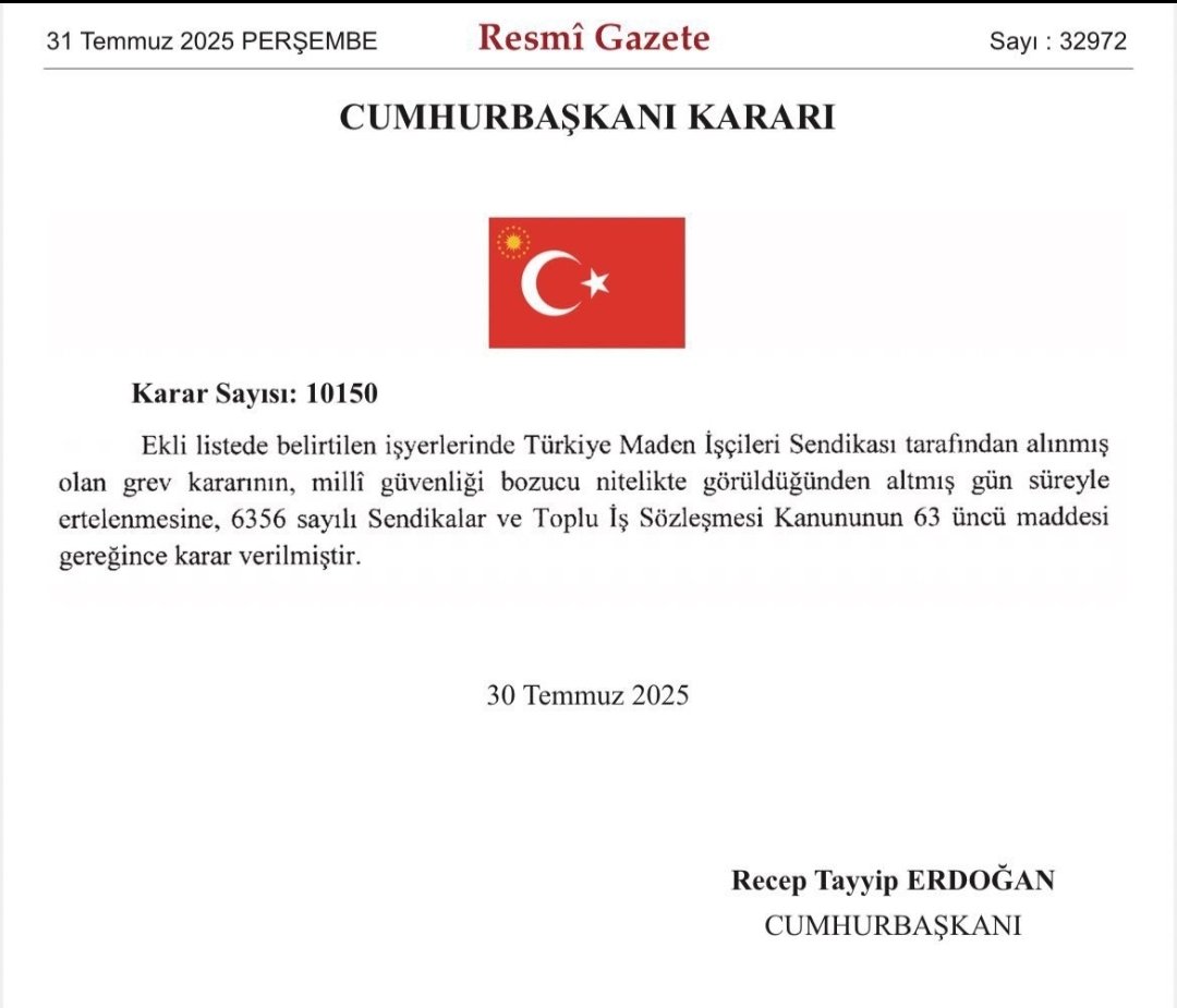 Kamu çerçeve protokolünde hükümet verdiği teklifi geri çekince <a href="/turkiskonf/">TÜRK-İŞ</a> grev kararlarını asmaya başlamıştı

Resmi gazetede Yayınlanan cumhurbaşkanlığı kararı grevin yasakladığı yönünde.

İşçilerin mücadelesini selamlıyorum, devlet verdiği sözü yerine getirmelidir.
<a href="/SaHaDernegi/">Sağlık Çalışanları Hak Ve Mücadele Derneği</a>