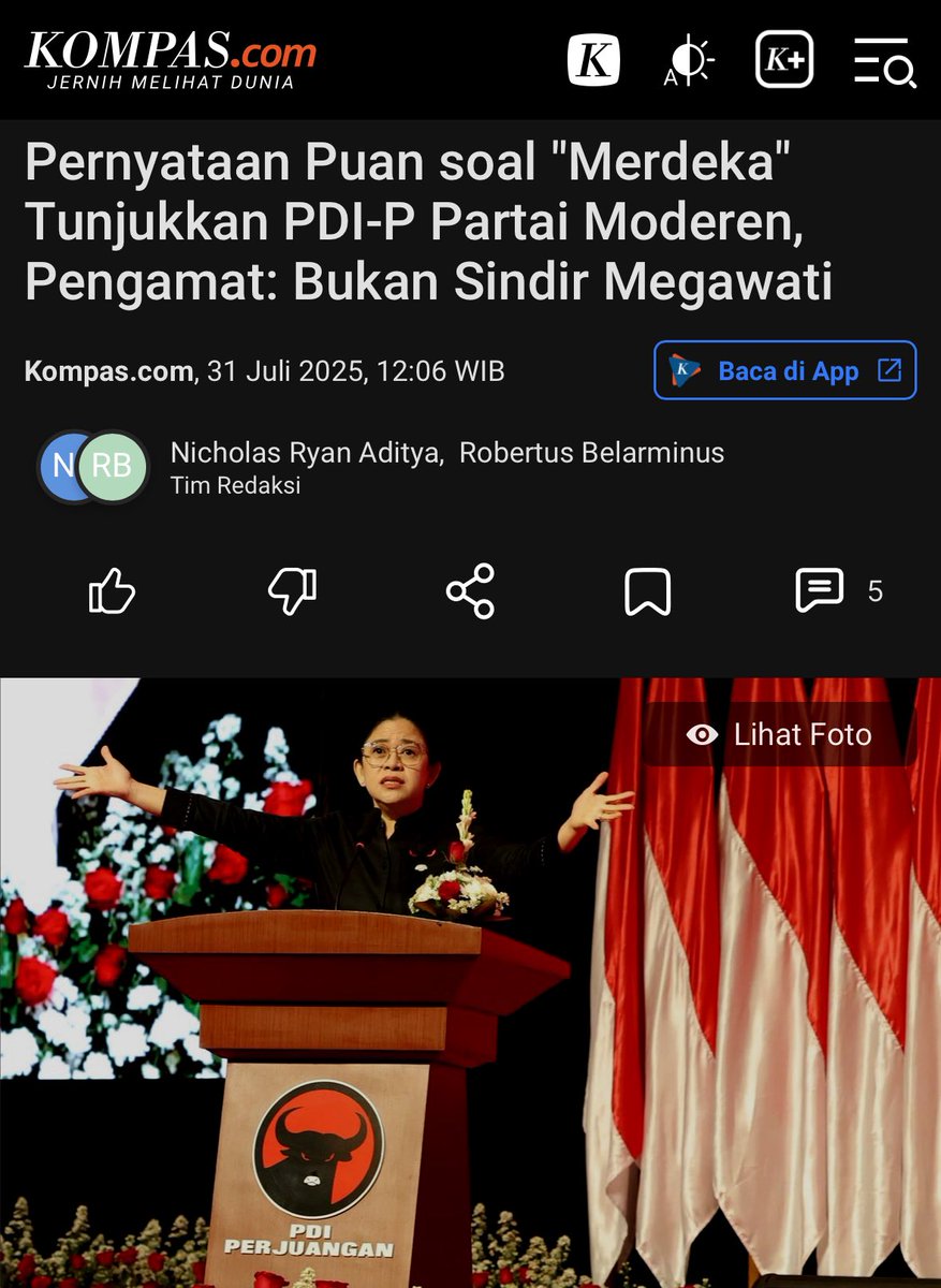 “Pernyataan Puan Maharani agar kader berani untuk mentransformasikan pekik 'merdeka' menjadi aksi nyata adalah komitmen PDI-P sebagai partai modern”

&gt;Banteng  tetap berada dalam satu rampak barisan, untuk Solid Bergerak melakukan Kerja Nyata Kerakyatan🤟🏻

nasional.kompas.com/read/2025/07/3…