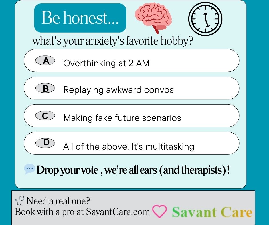 savantcare's tweet image. Anxiety is real. Your support should be too.
Get expert help—no judgment, just care.
Virtual therapy. Personalized plans. Total privacy.
🔗Book your online session now: [SavantCare.com]
#AnxietySupport #OnlineTherapy #SavantCare #MentalHealthMatters #TelehealthTherapy