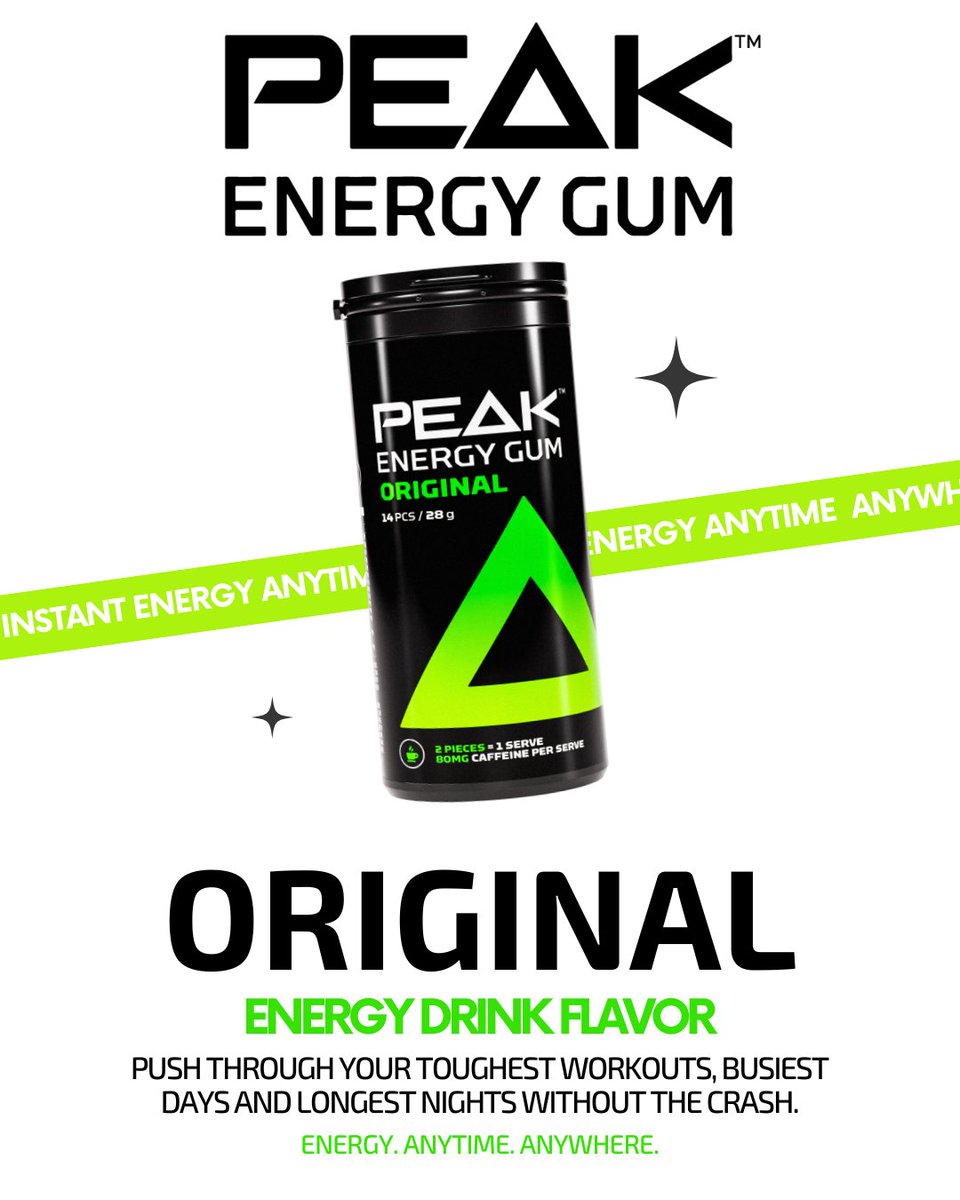 Whether it’s game day, workday, or just another busy day, Peak Energy Gum delivers the quick, clean energy you need to keep going strong. Chew, charge, conquer⚡
.
.
.
.
.
.
.
.

#PeakEnergyGum #peakenergy #feelyourflow #FitnessFuel #energyboost #EnergyGum #SugarFreeBoost