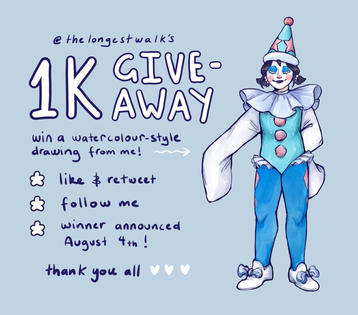 thank you everyone for 1k! i’m giving away one watercolour drawing to a follower who likes &amp; retweets this post (to be completed after other comms) 💙