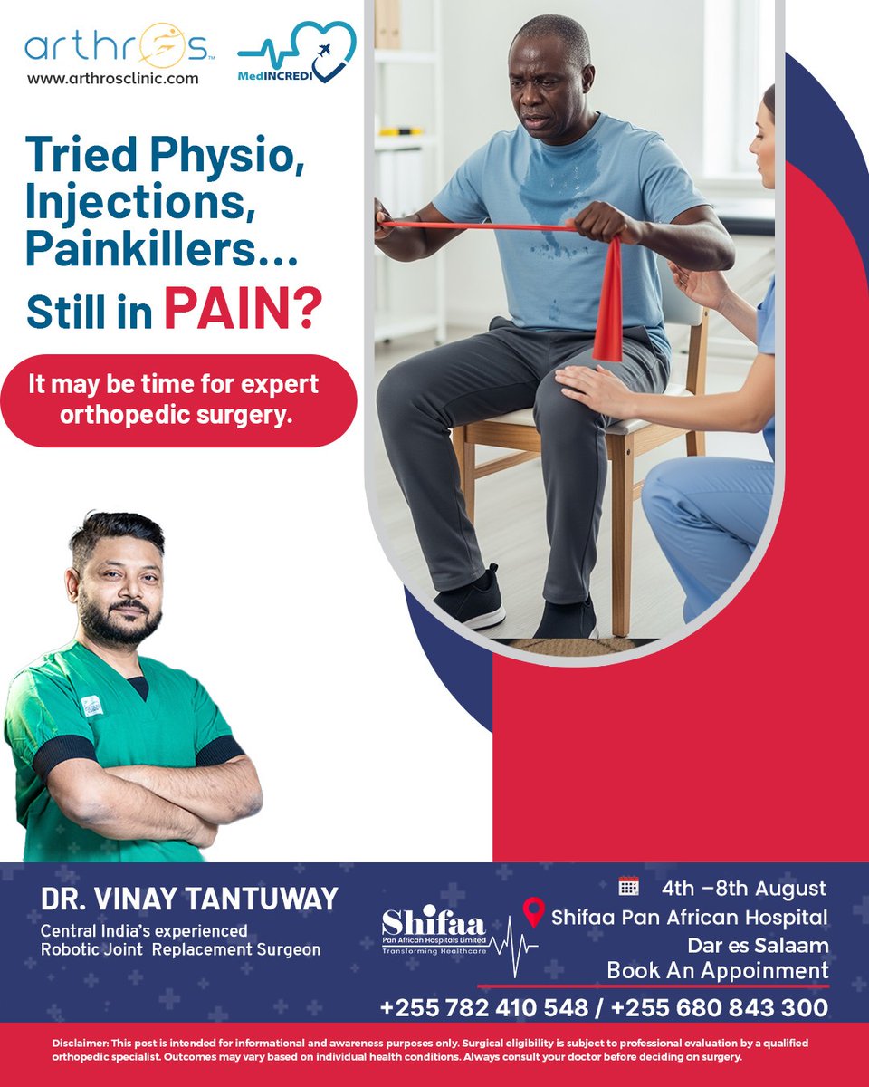 Medincredi's tweet photo. 😟 Tried Physio, Sindano, Dawa za Maumivu... Lakini Bado Una Maumivu?

Kutana na Dk. Vinay Tantuway, India ya Kati’s Daktari Bingwa wa Upasuaji wa Pamoja wa Roboti anayeaminika, ambaye sasa anapatikana Dar es Salaam!

#orthopedicsurgery #jointpainrelief #kneesurgery #medincredi https://t.co/OsgvUBxks7