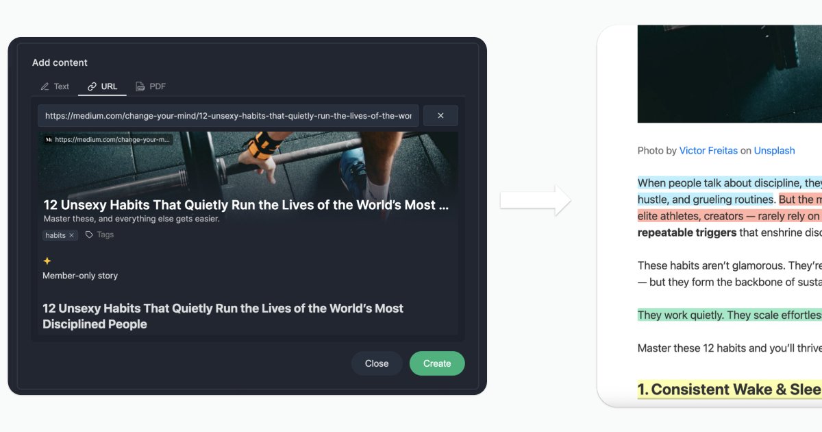I’m trying to make Web Highlights more and more independent from the browser extension. That’s why there’s now an “Add Content” button letting you paste in any URL, and the article will be saved with its content so you can open it in the reader and highlight it.