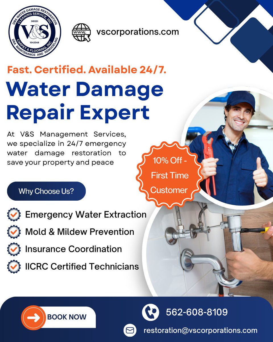 VSWaterDamage's tweet photo. Don't let water damage overwhelm you. Take immediate action with the trusted authorities in restoration!  

📞Call us 24/7 -  562-608-8109    
Exclusive Offer: First-time customers enjoy 10% off their service!  

#WaterDamageRepair #EmergencyRestoration https://t.co/X9GuIAvmWT
