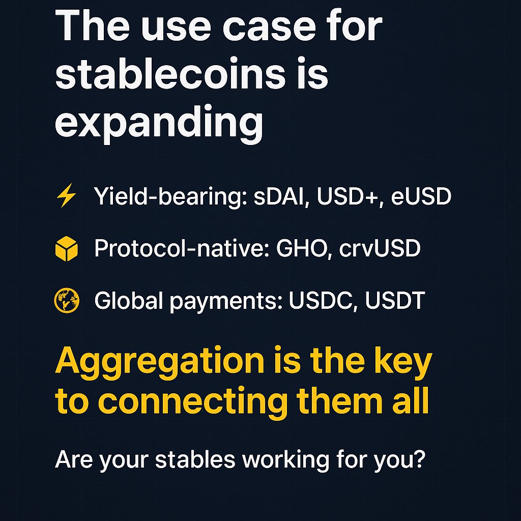 We’re seeing the rise of stablecoins that do more than just hold value:

💸 sDAI, USD+, eUSD: Earning yield natively

🧱 GHO, crvUSD: Built directly into DeFi protocols

🌍 USDC, USDT: Powering remittances and saving lives in high-inflation economies

The future of stablecoins