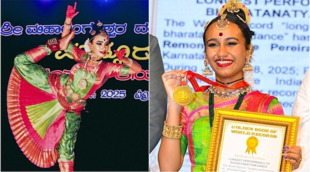 Mangaluru's Remona Evette Pereira sets a global record by performing Bharatanatyam non-stop for 170 hours! 🎉 She danced from July 21–28, earning a place in the Golden Book of World Records. What an inspiration to all artists! 👏 #Bharatanatyam #WorldRecord #170HourBharatanatyam