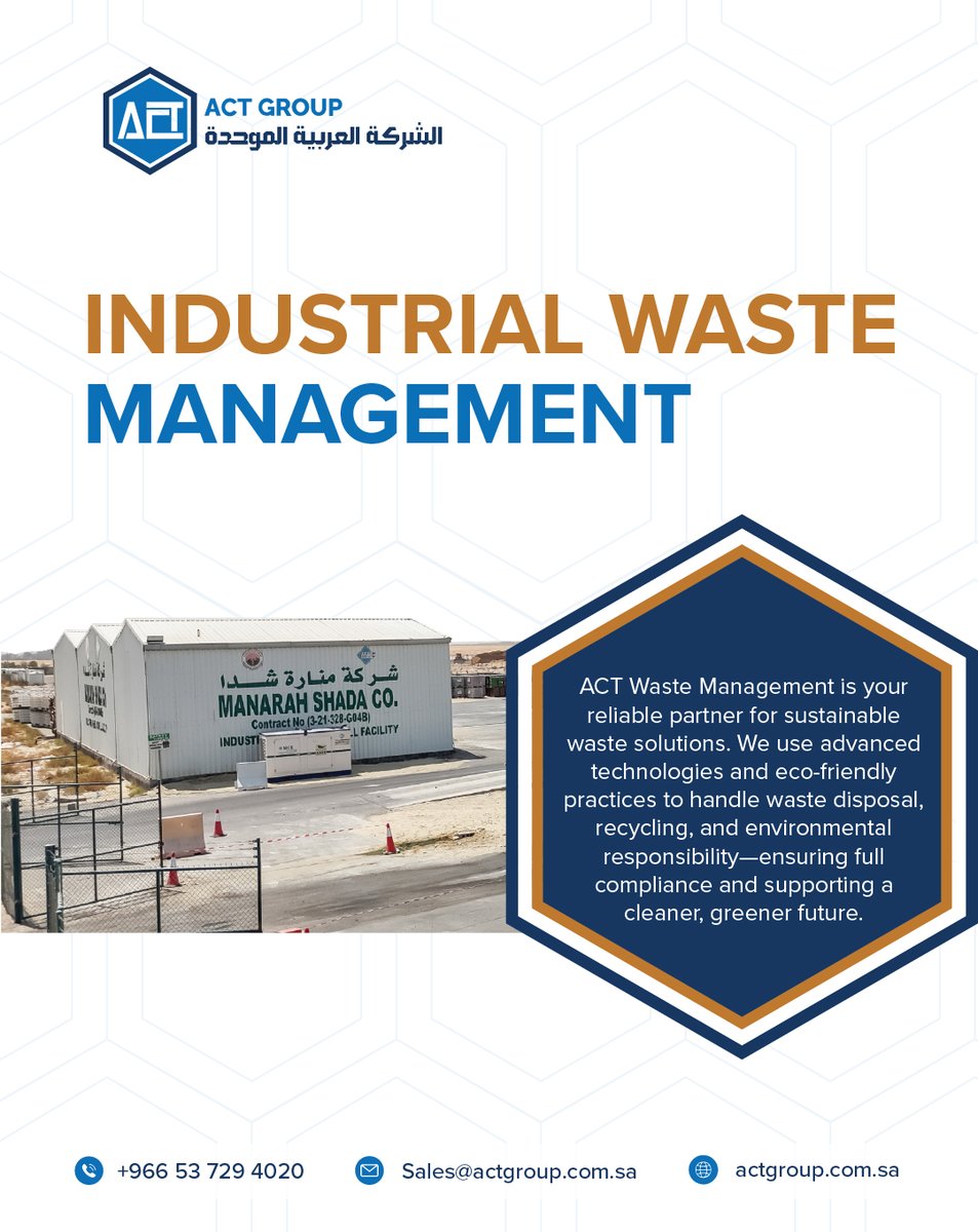 ACTGroup_SA's tweet photo. Manarat Shada, part of ACT Group, delivers sustainable industrial waste management through advanced tech and eco-friendly practices — driving compliance and a greener future. 🌱
#Act_Group https://t.co/rcHUiTsUdK