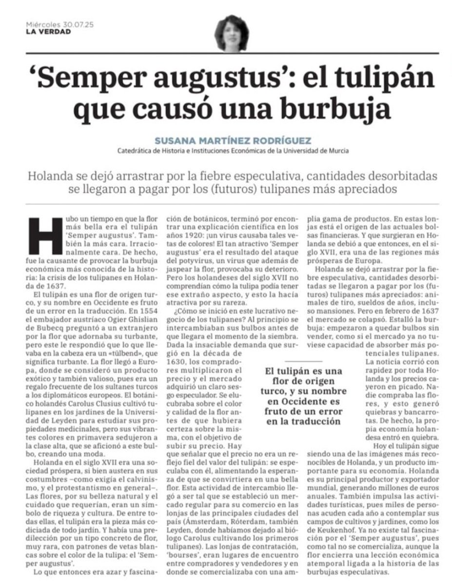 🌷 El tulipán más caro de la historia... 
En 1637, Holanda vivió una de las primeras burbujas especulativas de la historia. ¿El detonante? Un tulipán raro y delicado: el Semper Augustus.

Lo cuento en: 
laverdad.es/opinion/susana…