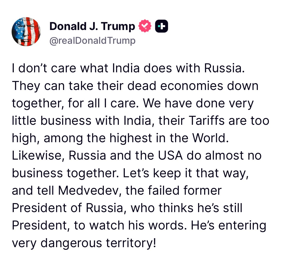 Colonel Rohit Dev (RDX) 🇮🇳 (@rdxthinksthat) on Twitter photo So <a href="/MedvedevRussiaE/">Dmitry Medvedev</a> fingered <a href="/realDonaldTrump/">Donald J. Trump</a> and the latter's visible Immaturity and Ego, made him bark at India in the same breath he did at Russia
Putin <a href="/KremlinRussia_E/">President of Russia</a> and <a href="/narendramodi/">Narendra Modi</a> must be laughing at the "Threatening Tone of Trump" which can't hurt even an Ant ! So <a href="/MedvedevRussiaE/">Dmitry Medvedev</a> fingered <a href="/realDonaldTrump/">Donald J. Trump</a> and the latter's visible Immaturity and Ego, made him bark at India in the same breath he did at Russia
Putin <a href="/KremlinRussia_E/">President of Russia</a> and <a href="/narendramodi/">Narendra Modi</a> must be laughing at the "Threatening Tone of Trump" which can't hurt even an Ant !