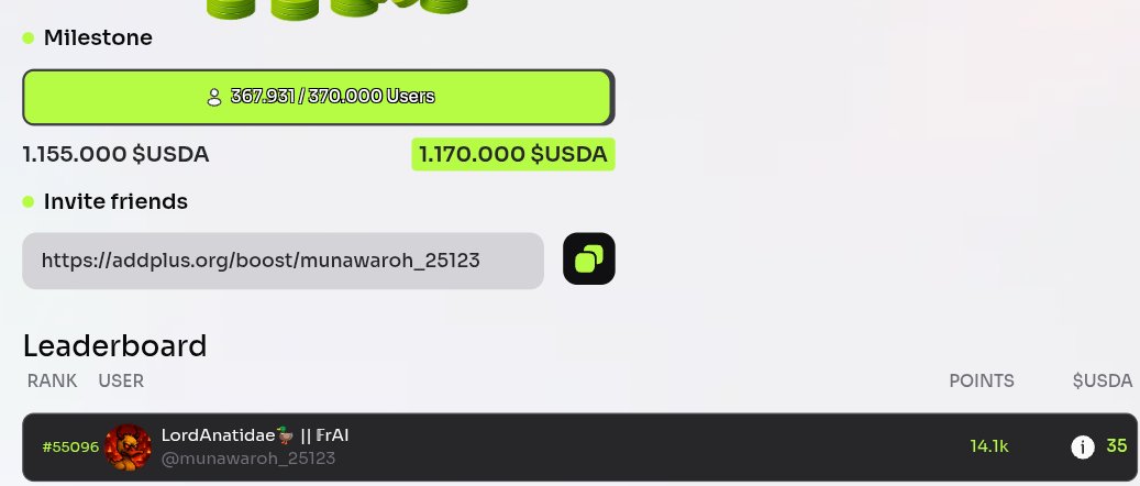munawaroh_25123's tweet image. GM ADD+ Fam ☀️
A new day to earn more $USDA and grow your Boost score!
Support others, complete quests, and let’s win together 💪

Let’s grind smart today — what’s your current rank? 🚀

#GMAddPlus #AddInfoFi #USDArewards #BoostTogether #Web3Community #PostToEarn #DailyGrind