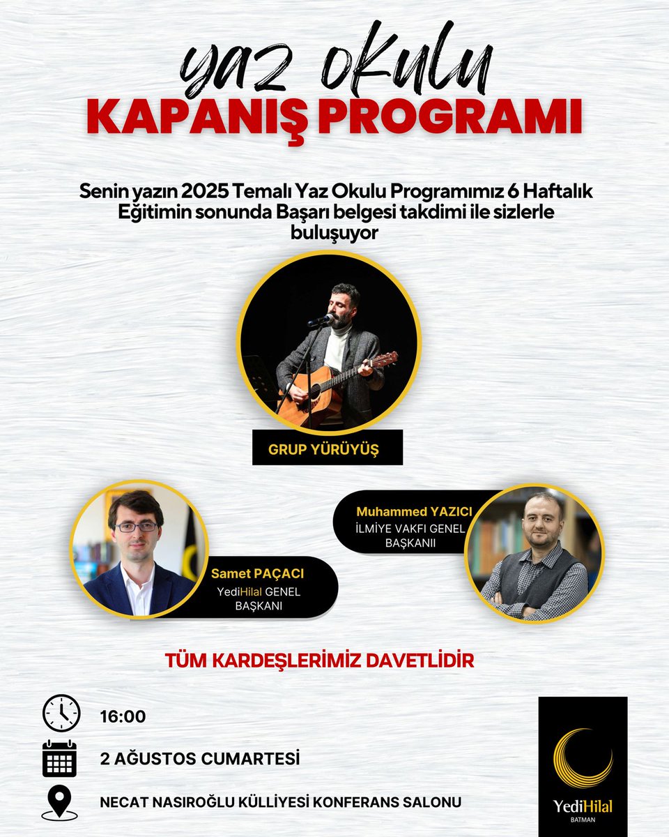 Grup Yürüyüş (@grupyuruyus) on Twitter photo BATMAN
Grubumuzun solisti Mehmet Ali Aslan'ın ezgileri ve marşlarıyla katılacağı; Muhammed Yazıcı ve Samet Paçacı'nın konuşmacı olduğu etkinliğe davetlisiniz.
2 Ağustos Cumartesi | 16.00
Necat Nasıroğlu Külliyesi | Batman
<a href="/YediHilalBatman/">YediHilal Batman</a> BATMAN
Grubumuzun solisti Mehmet Ali Aslan'ın ezgileri ve marşlarıyla katılacağı; Muhammed Yazıcı ve Samet Paçacı'nın konuşmacı olduğu etkinliğe davetlisiniz.
2 Ağustos Cumartesi | 16.00
Necat Nasıroğlu Külliyesi | Batman
<a href="/YediHilalBatman/">YediHilal Batman</a>