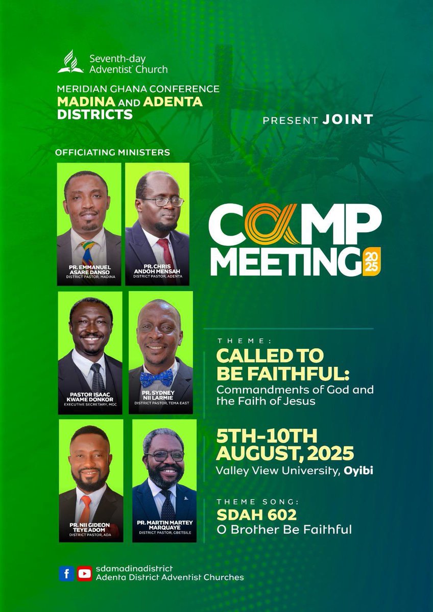 AdentaSDAchurch's tweet image. Something powerful is about to happen!
From August 5th -10th, God is calling us to rise, to stand firm, and to be faithful in a world that’s losing its way. The Joint Camp Meeting is more than a gathering. it’s a movement of faith, hope, &amp;amp; revival.#JointCampMeeting#Madina&amp;amp;Adenta