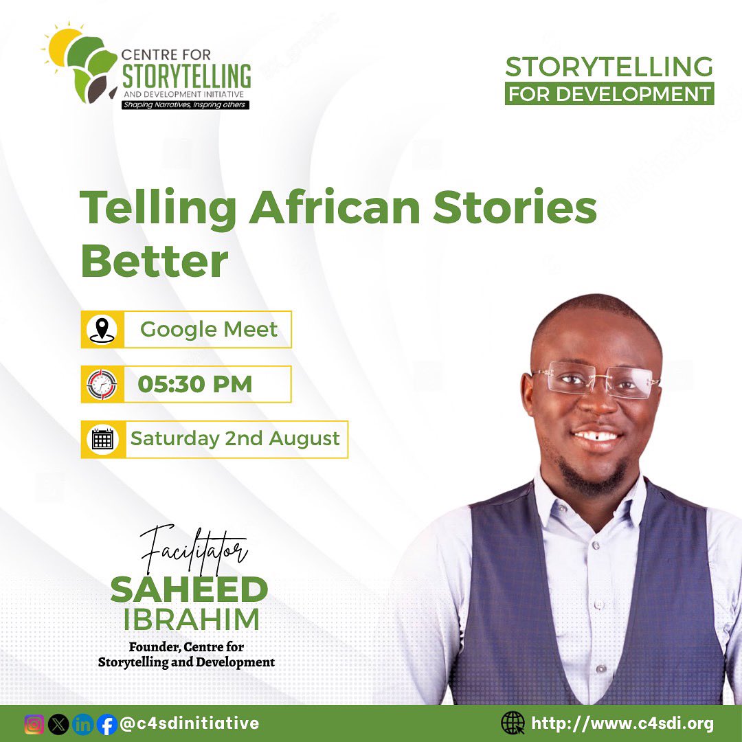 How do you tell African stories?

This Saturday 2nd Aug, <a href="/Saheed_Ibrahim1/">The Journalist</a> will be taking the participants through Telling African Stories Better.

#ProudlyAfricans
#CSDI
#ShapingNarratives
#InspiringOthers
#YoungAfricanStorytellers
#StorytellingforDevelopment